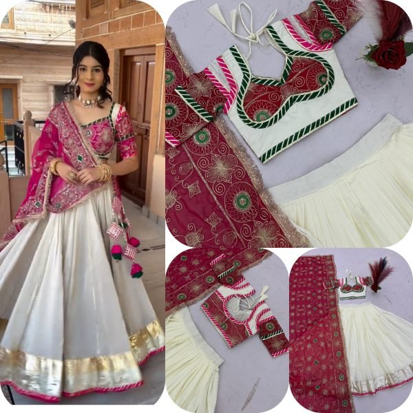 Mesmerizing White Pink Navratri Lehenga Choli with Embroidered Georgette Dupatta Navratri Lehnega Choli