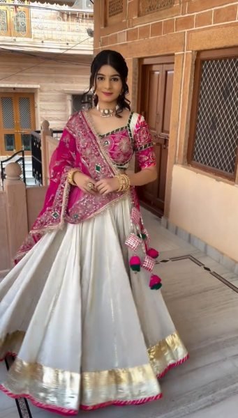 Mesmerizing White Pink Navratri Lehenga Choli with Embroidered Georgette Dupatta Navratri Lehnega Choli