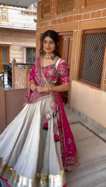 Mesmerizing White Pink Navratri Lehenga Choli with Embroidered Georgette Dupatta Navratri Lehnega Choli