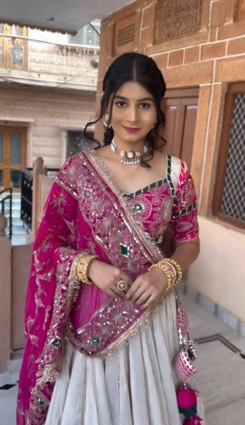 Mesmerizing White Pink Navratri Lehenga Choli with Embroidered Georgette Dupatta Navratri Lehnega Choli