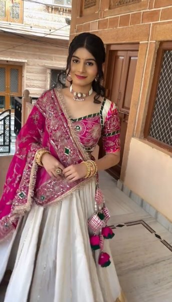 Mesmerizing White Pink Navratri Lehenga Choli with Embroidered Georgette Dupatta Navratri Lehnega Choli
