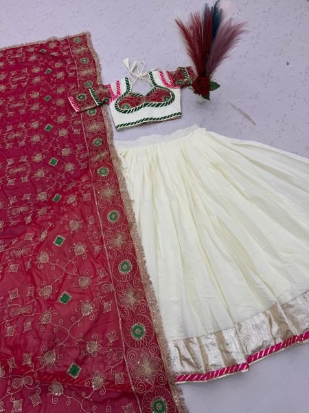 Mesmerizing White Pink Navratri Lehenga Choli with Embroidered Georgette Dupatta Navratri Lehnega Choli
