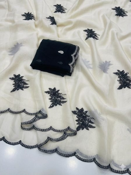 Mesmerizing White Rangoli Silk Saree with Black Floral Embroidery Border  Silk Sarees Wholesale