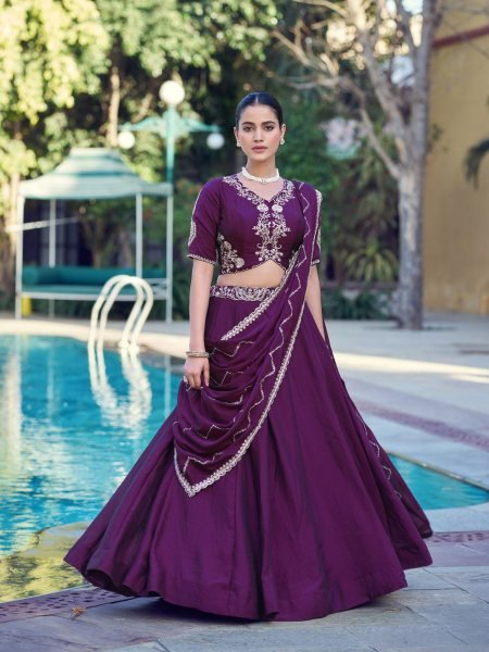 Mesmerizing Wine Bridal Style Rangoli Crush Lehenga Choli with 4 Meter Flared Skirt  Lehenga