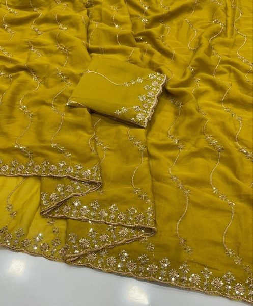Mesmerizing Yellow Chiffon Saree with Floral Threadwork And Scalloped Edges Embroidery Sarees Wholesale