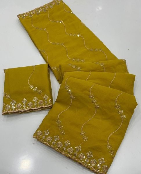 Mesmerizing Yellow Chiffon Saree with Floral Threadwork And Scalloped Edges Embroidery Sarees Wholesale