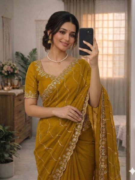 Mesmerizing Yellow Chiffon Saree with Floral Threadwork And Scalloped Edges Embroidery Sarees Wholesale
