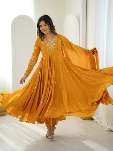 Mesmerizing Yellow Faux Georgette Gown Pant Dupatta Set with 7 Meter Flair for Reseller Ready To Wear Suit