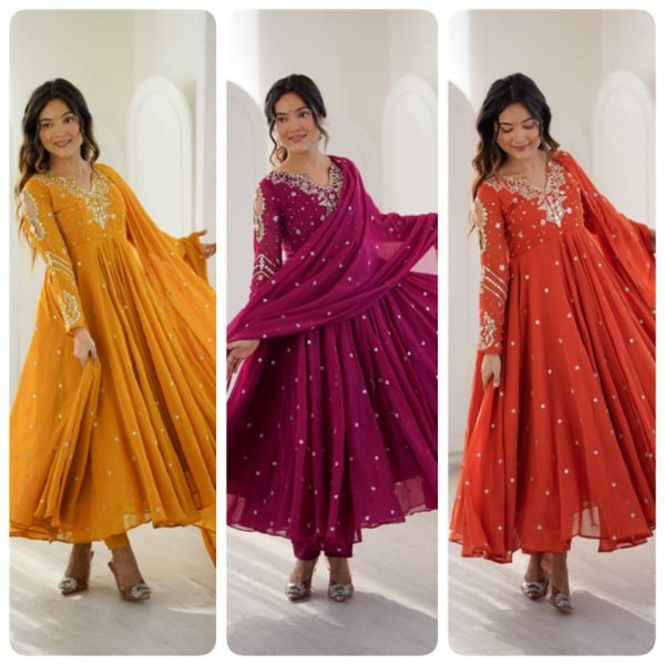 Mesmerizing Yellow Faux Georgette Gown Pant Dupatta Set with 7 Meter Flair for Reseller Ready To Wear Collection