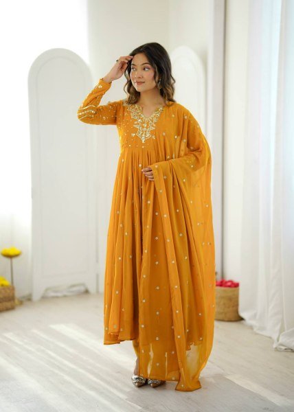 Mesmerizing Yellow Faux Georgette Gown Pant Dupatta Set with 7 Meter Flair for Reseller Ready To Wear Collection