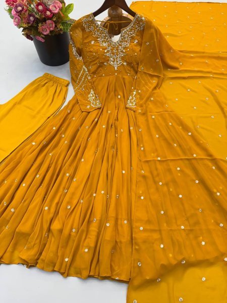 Mesmerizing Yellow Faux Georgette Gown Pant Dupatta Set with 7 Meter Flair for Reseller Ready To Wear Collection