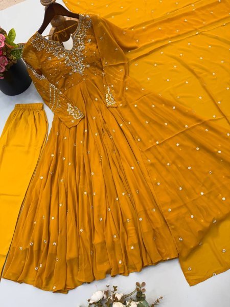 Mesmerizing Yellow Faux Georgette Gown Pant Dupatta Set with 7 Meter Flair for Reseller Ready To Wear Collection