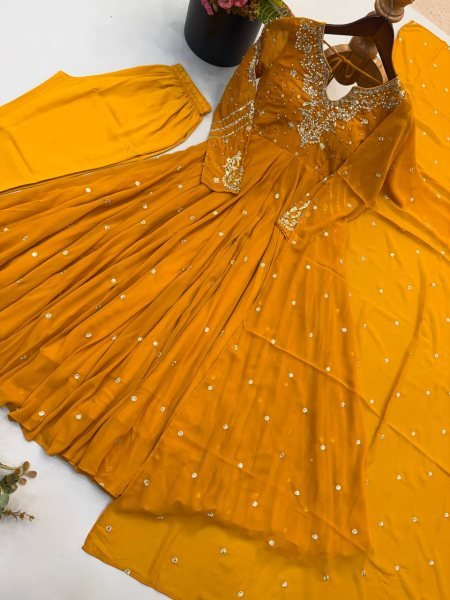 Mesmerizing Yellow Faux Georgette Gown Pant Dupatta Set with 7 Meter Flair for Reseller Ready To Wear Collection