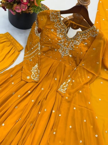 Mesmerizing Yellow Faux Georgette Gown Pant Dupatta Set with 7 Meter Flair for Reseller Ready To Wear Collection
