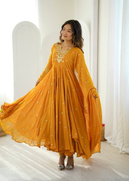Mesmerizing Yellow Faux Georgette Gown Pant Dupatta Set with 7 Meter Flair for Reseller Ready To Wear Collection