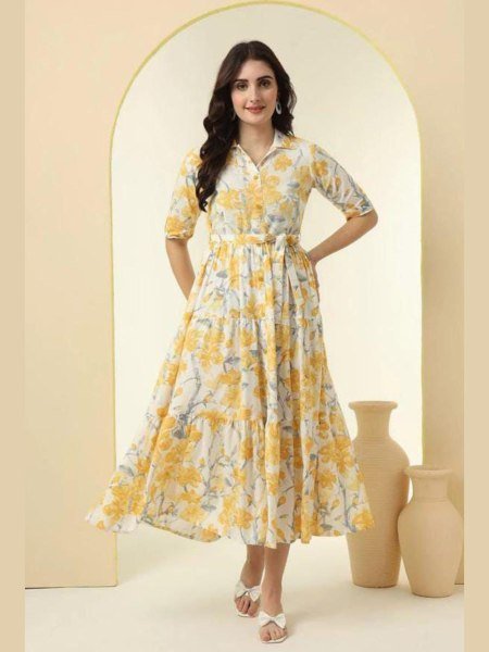 Mesmerizing Yellow Rayon Long Kurti with Floral Print for Office Wear at Manufacturer Rate Western Ladies Top Wholesale