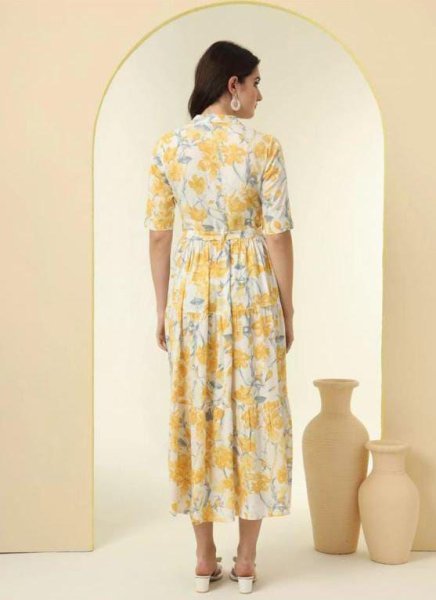 Mesmerizing Yellow Rayon Long Kurti with Floral Print for Office Wear at Manufacturer Rate Western Ladies Top Wholesale