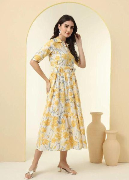 Mesmerizing Yellow Rayon Long Kurti with Floral Print for Office Wear at Manufacturer Rate Western Ladies Top Wholesale