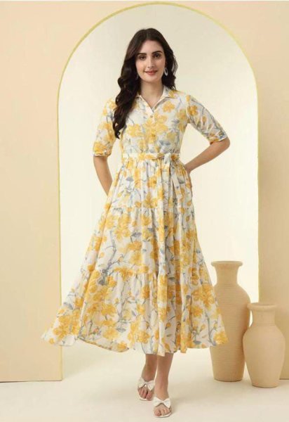 Mesmerizing Yellow Rayon Long Kurti with Floral Print for Office Wear at Manufacturer Rate Western Ladies Top Wholesale