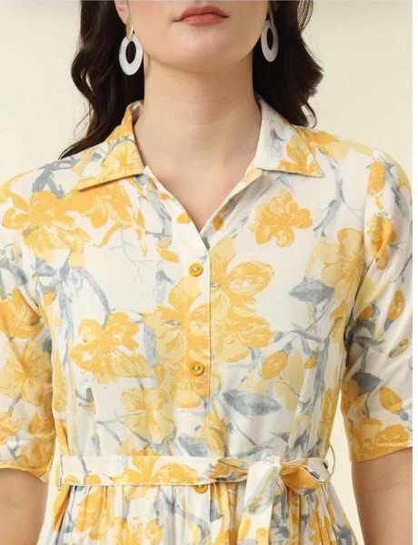 Mesmerizing Yellow Rayon Long Kurti with Floral Print for Office Wear at Manufacturer Rate Western Ladies Top Wholesale