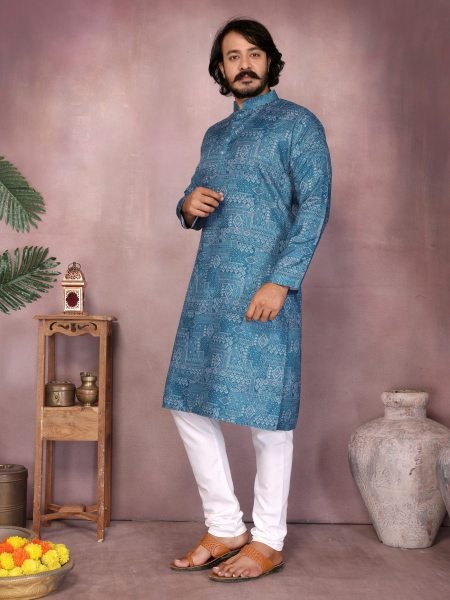 Mid Blue Premium Cotton Sequence Work Mens Kurta Pyjama Royal Wedding Wear Mens Wear