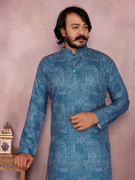  Mid Blue Premium Cotton Sequence Work Mens Kurta Pyjama Royal Wedding Wear Kurta Pajama Wholesale
