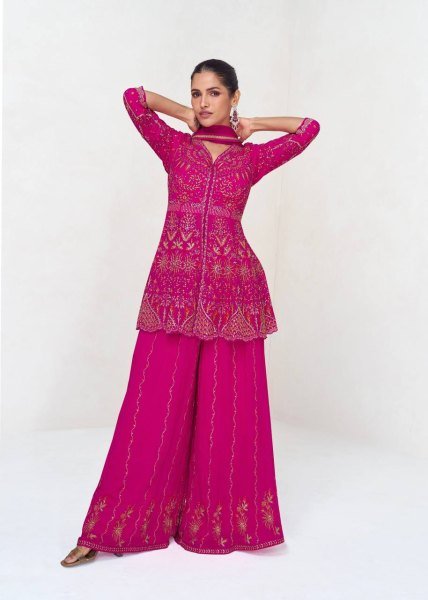 Pakistani Style Hot Pink Georgette Embroidered Suit with Lace Dupatta A Festive Favorite Designer Plazzo Salwar Suits Wholesale