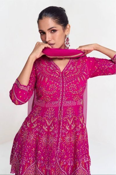 Pakistani Style Hot Pink Georgette Embroidered Suit with Lace Dupatta A Festive Favorite Designer Plazzo Salwar Suits Wholesale