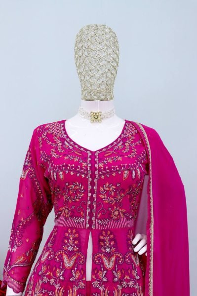 Pakistani Style Hot Pink Georgette Embroidered Suit with Lace Dupatta A Festive Favorite Designer Plazzo Salwar Suits Wholesale