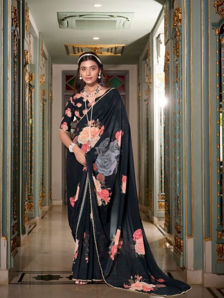 Midnight Black Georgette Saree with Rosy Floral Work Classy Evening Vibe Georgette Sarees Wholesale