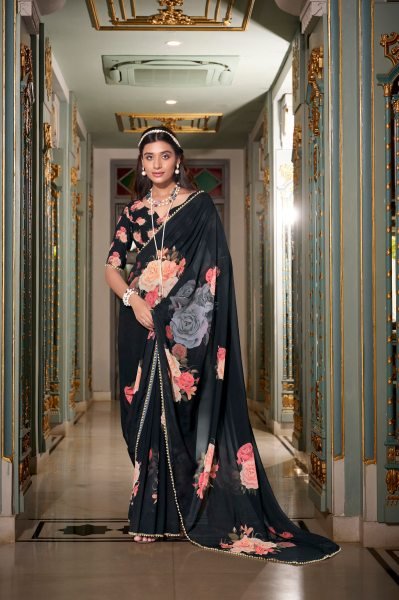 Midnight Black Georgette Saree with Rosy Floral Work Classy Evening Vibe Georgette Sarees Wholesale