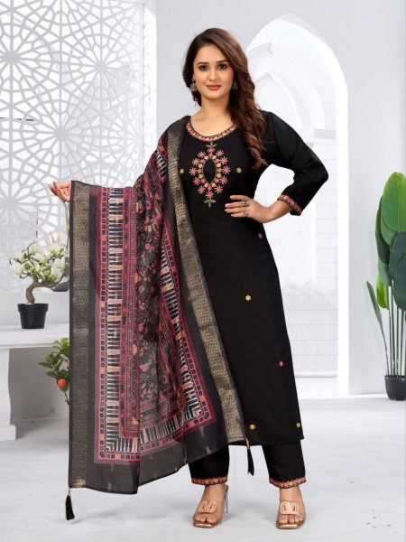 midnight black viscose kurti set with jacquard dupatta elegant 3pc festive wear 3 Piece Kurti Set