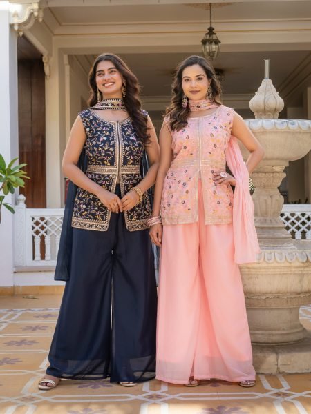 Midnight Blue Artisanal Embroidered Peplum And Palazzo Ensemble  Ready To Wear Collection