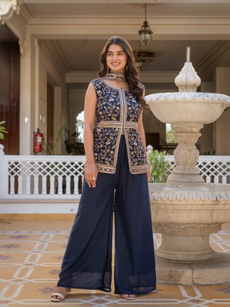 Midnight Blue Artisanal Embroidered Peplum And Palazzo Ensemble  Ready To Wear Collection