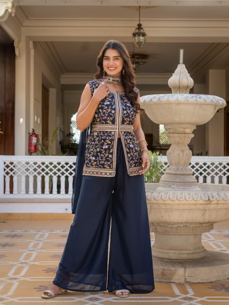 Midnight Blue Artisanal Embroidered Peplum And Palazzo Ensemble  Ready To Wear Collection