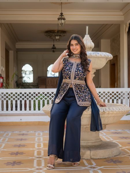 Midnight Blue Artisanal Embroidered Peplum And Palazzo Ensemble  Ready To Wear Collection