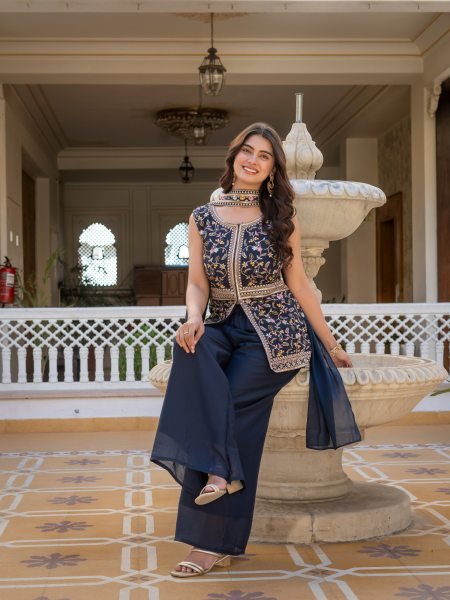 Midnight Blue Artisanal Embroidered Peplum And Palazzo Ensemble  Ready To Wear Collection