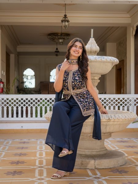Midnight Blue Artisanal Embroidered Peplum And Palazzo Ensemble  Ready To Wear Collection