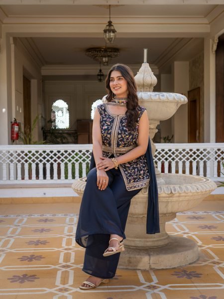 Midnight Blue Artisanal Embroidered Peplum And Palazzo Ensemble  Ready To Wear Collection