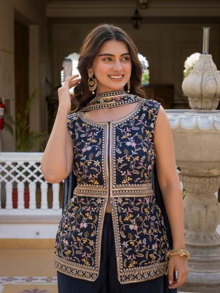 Midnight Blue Artisanal Embroidered Peplum And Palazzo Ensemble  Ready To Wear Collection