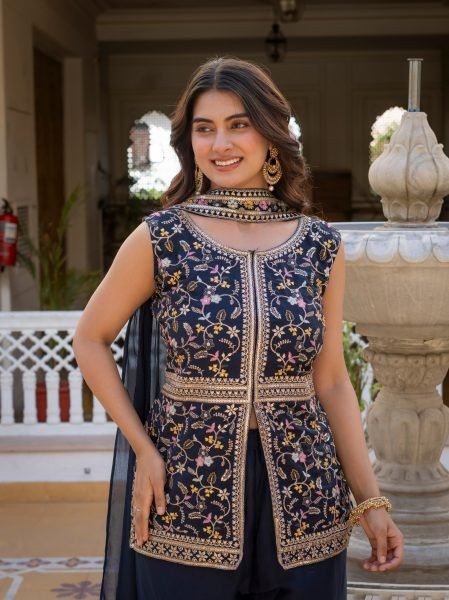 Midnight Blue Artisanal Embroidered Peplum And Palazzo Ensemble  Ready To Wear Collection