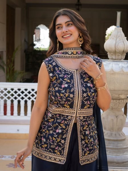 Midnight Blue Artisanal Embroidered Peplum And Palazzo Ensemble  Ready To Wear Collection