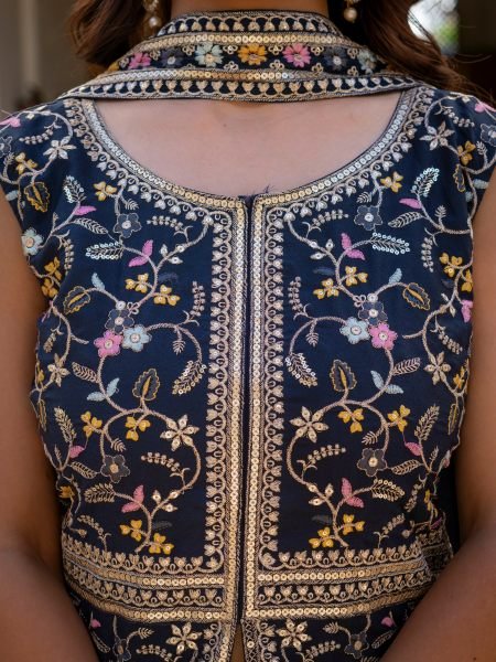 Midnight Blue Artisanal Embroidered Peplum And Palazzo Ensemble  Ready To Wear Collection