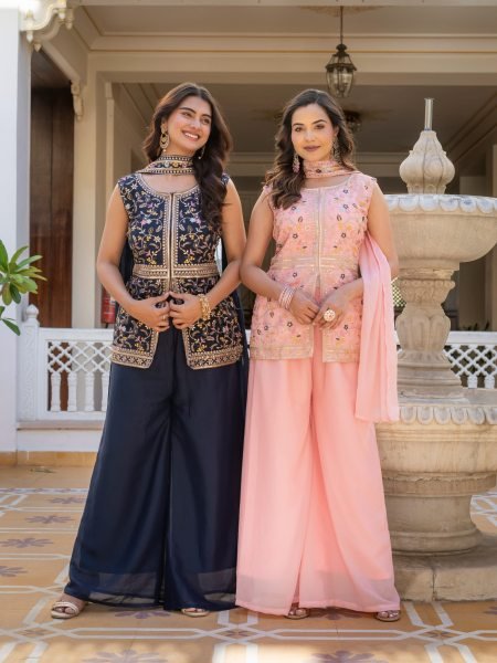 Midnight Blue Artisanal Embroidered Peplum And Palazzo Ensemble  Ready To Wear Collection