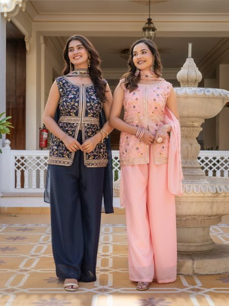 Midnight Blue Artisanal Embroidered Peplum And Palazzo Ensemble  Ready To Wear Collection