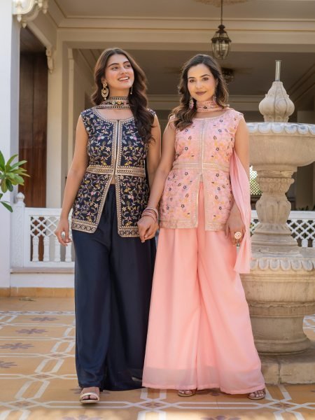 Midnight Blue Artisanal Embroidered Peplum And Palazzo Ensemble  Ready To Wear Collection