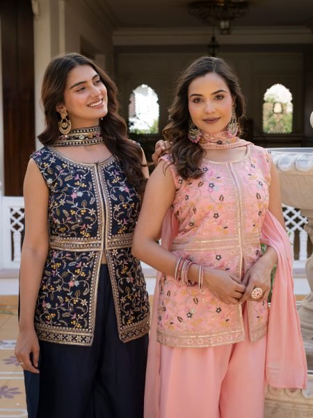 Midnight Blue Artisanal Embroidered Peplum And Palazzo Ensemble  Ready To Wear Collection