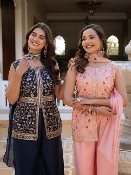 Midnight Blue Artisanal Embroidered Peplum And Palazzo Ensemble  Ready To Wear Collection