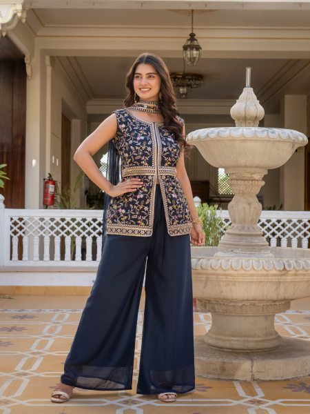 Midnight Blue Artisanal Embroidered Peplum And Palazzo Ensemble  Ready To Wear Collection