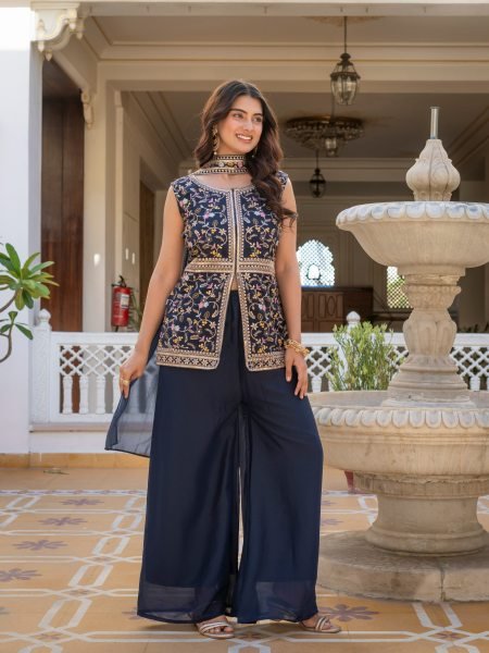 Midnight Blue Artisanal Embroidered Peplum And Palazzo Ensemble  Ready To Wear Collection